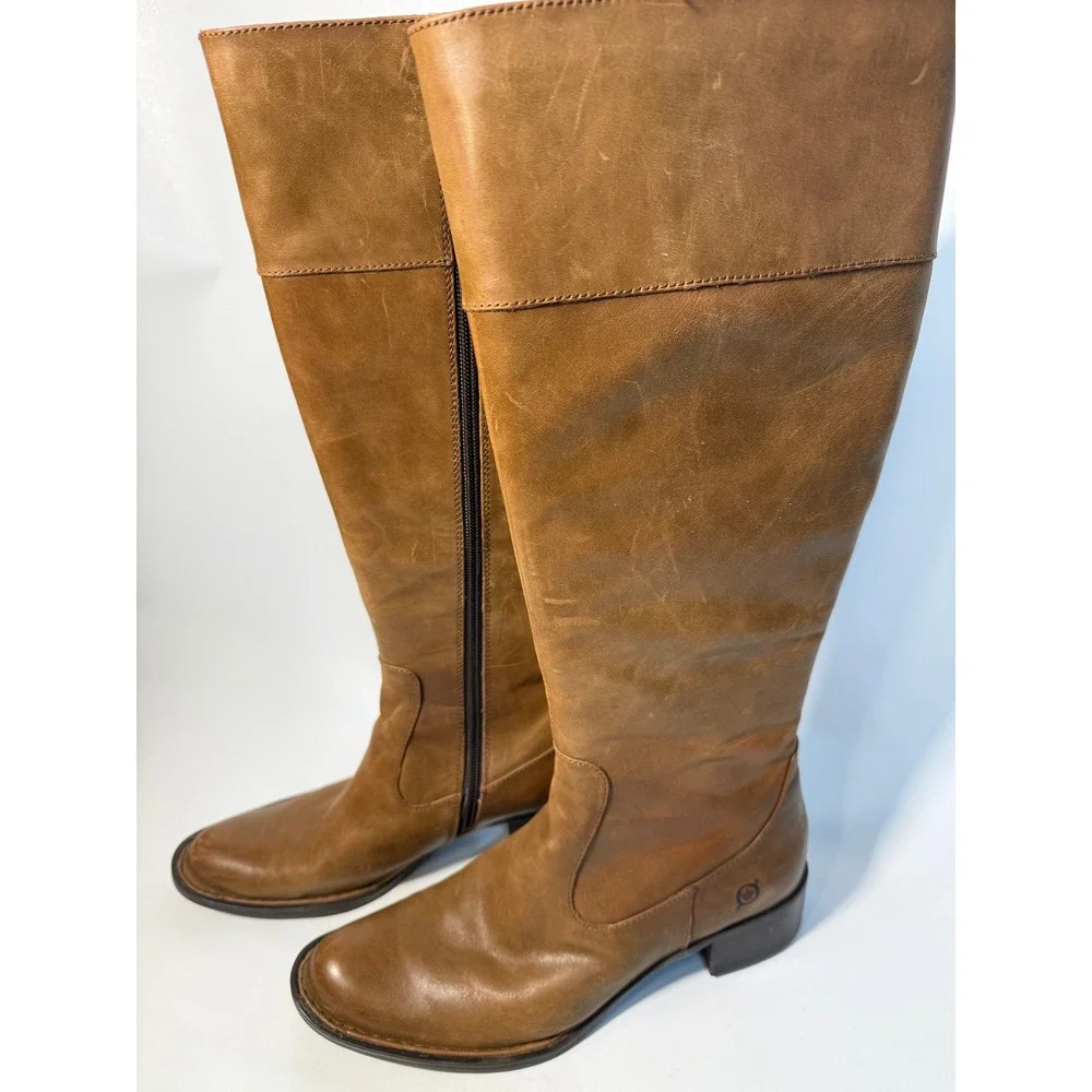 Born Boots‎ Women's 7.5 Leather Knee High Tan Brown Side Zip Block Heel